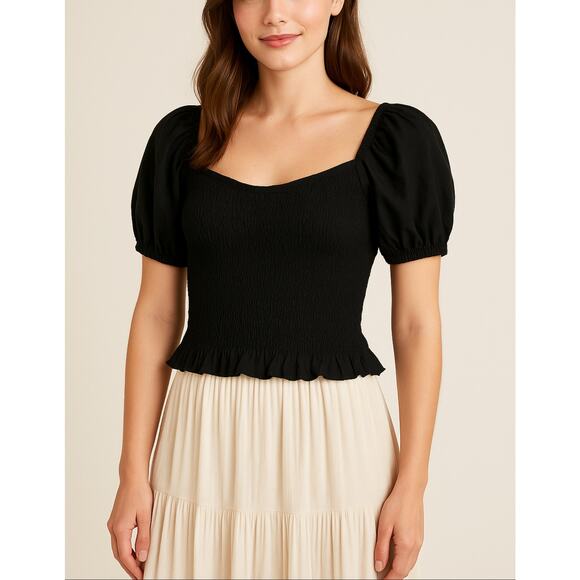 J.Crew Top XS Black Square Neck Cottagecore Spring 2022 Smocked Puff Sleeve - Picture 1 of 8
